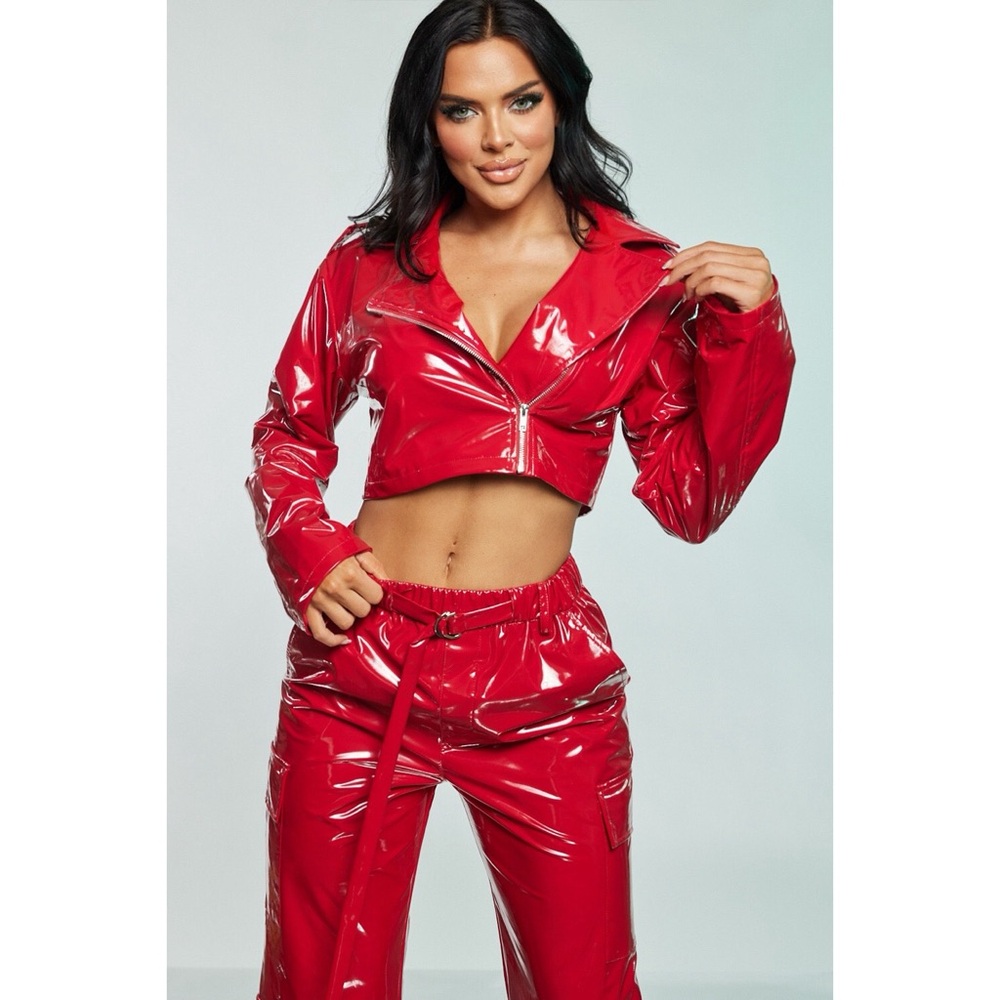 Women's Red Patent Cropped Moto Jacket - Sleek Zip Front